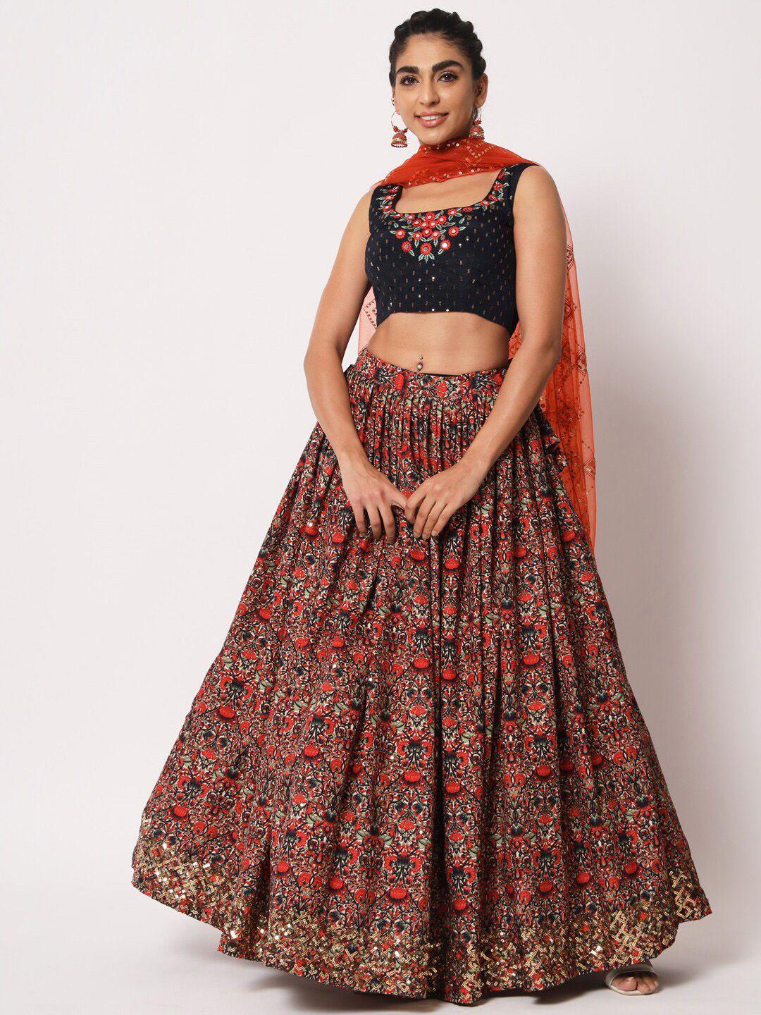 shubhkala embroidered mirror work semi-stitched lehenga & unstitched blouse with dupatta