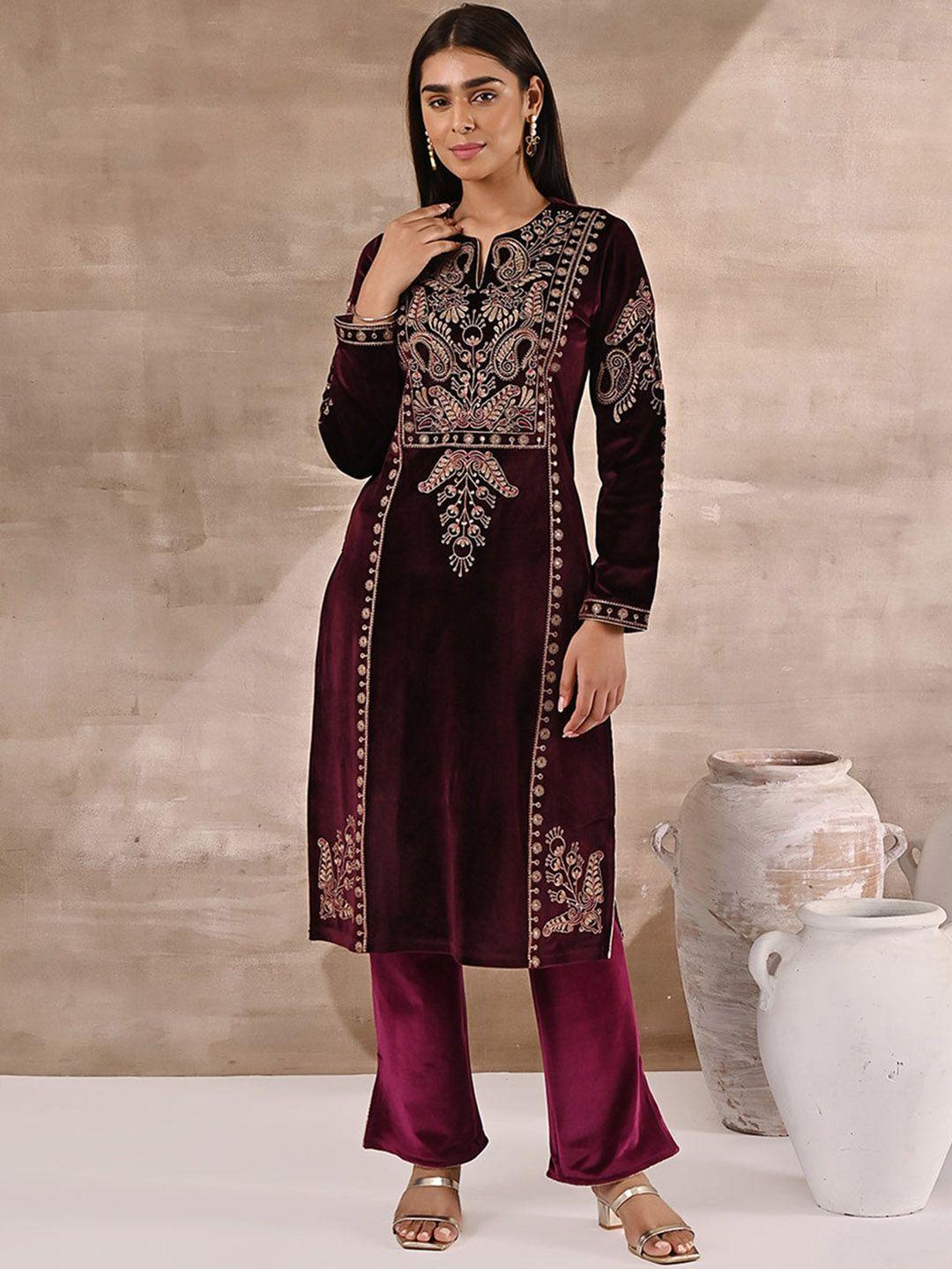 lakshita notched neck ethnic motifs embroidered velvet kurta