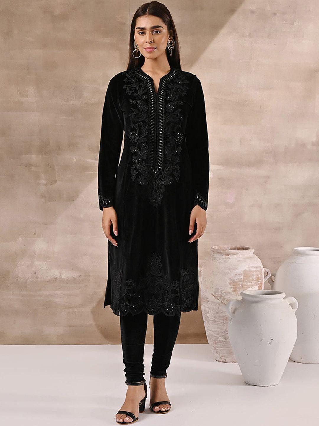 lakshita women notched neck ethnic motifs embroidered velvet kurta