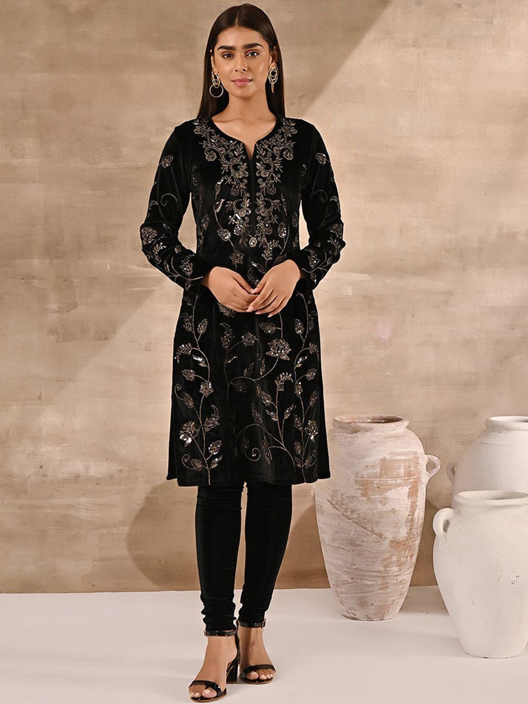 lakshita women notched neck ethnic motifs embellished velvet kurta