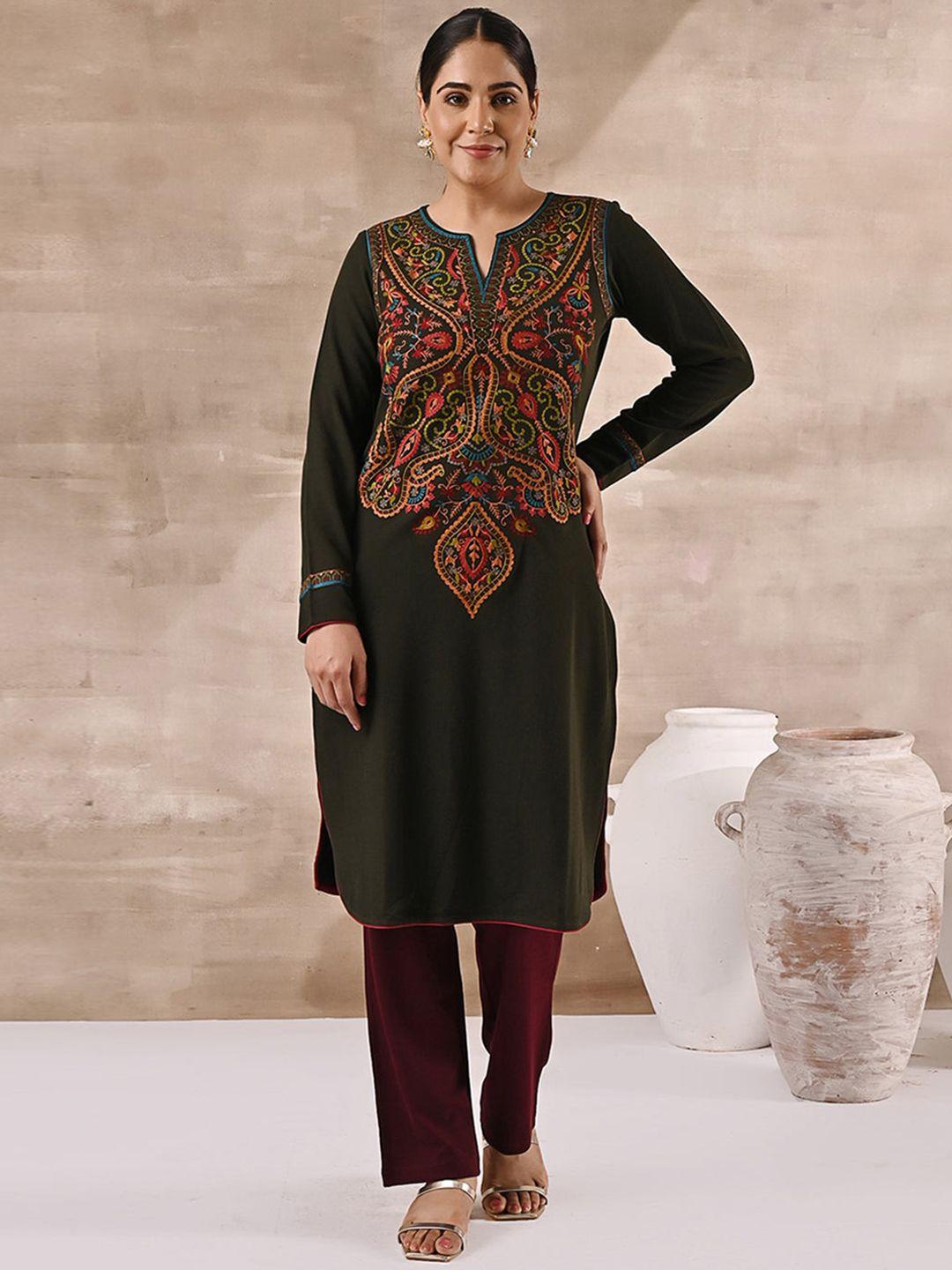 lakshita women plus size ethnic motif embroidered woolen kurta