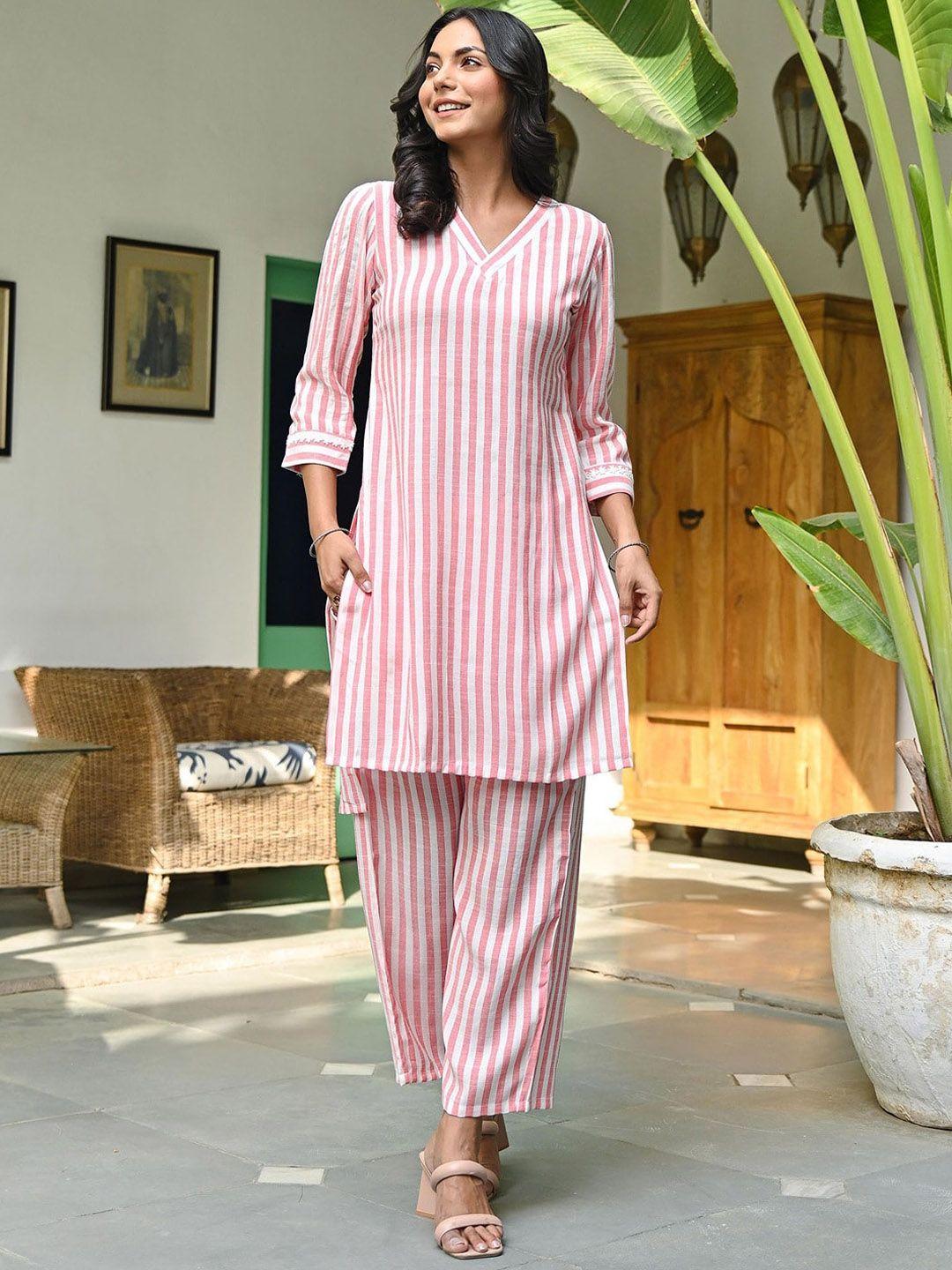 lavanya the label women v-neck striped pure cotton kurta with trousers