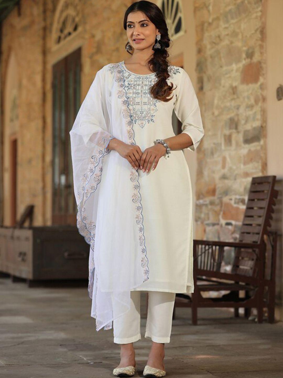 juniper women floral embroidered kurta with trousers & dupatta