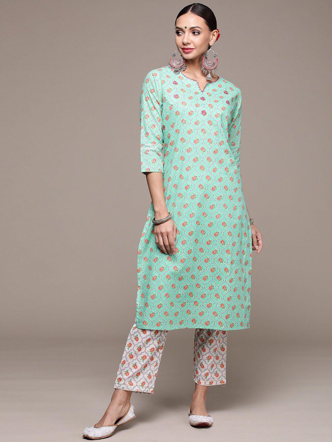 anubhutee women notched neck floral printed thread work pure cotton kurta with trousers