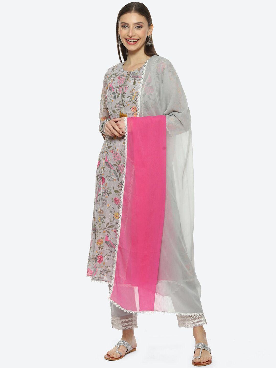 biba women floral printed panelled kurta with trousers & with dupatta