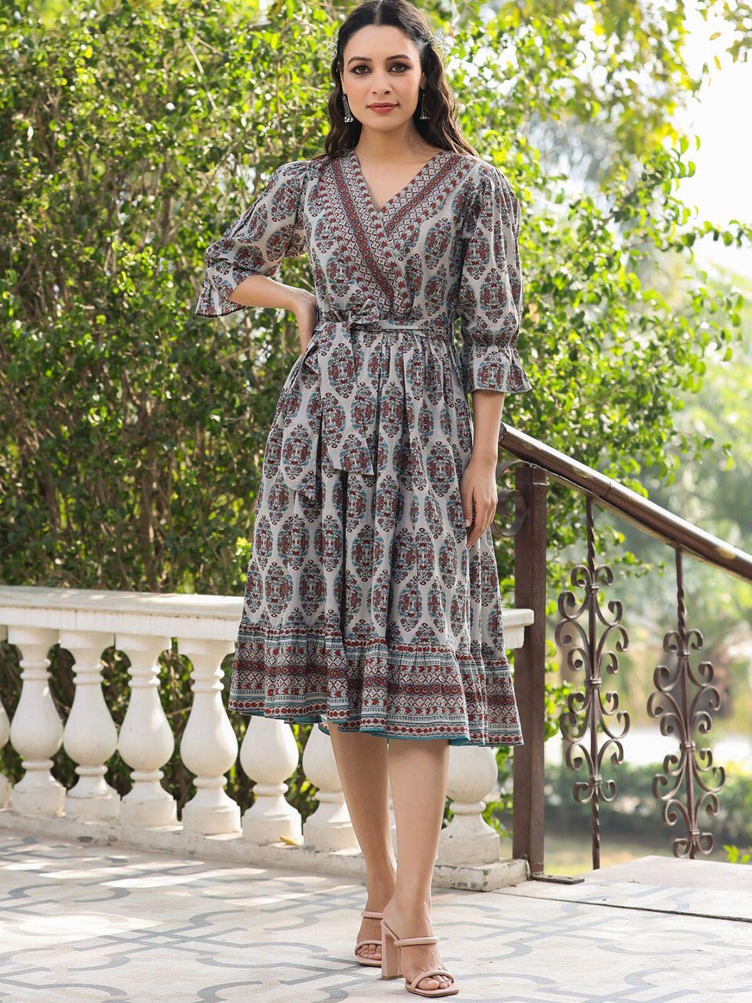 rain & rainbow ethnic printed tie-up detailed puff sleeves pure cotton wrap ethnic dress