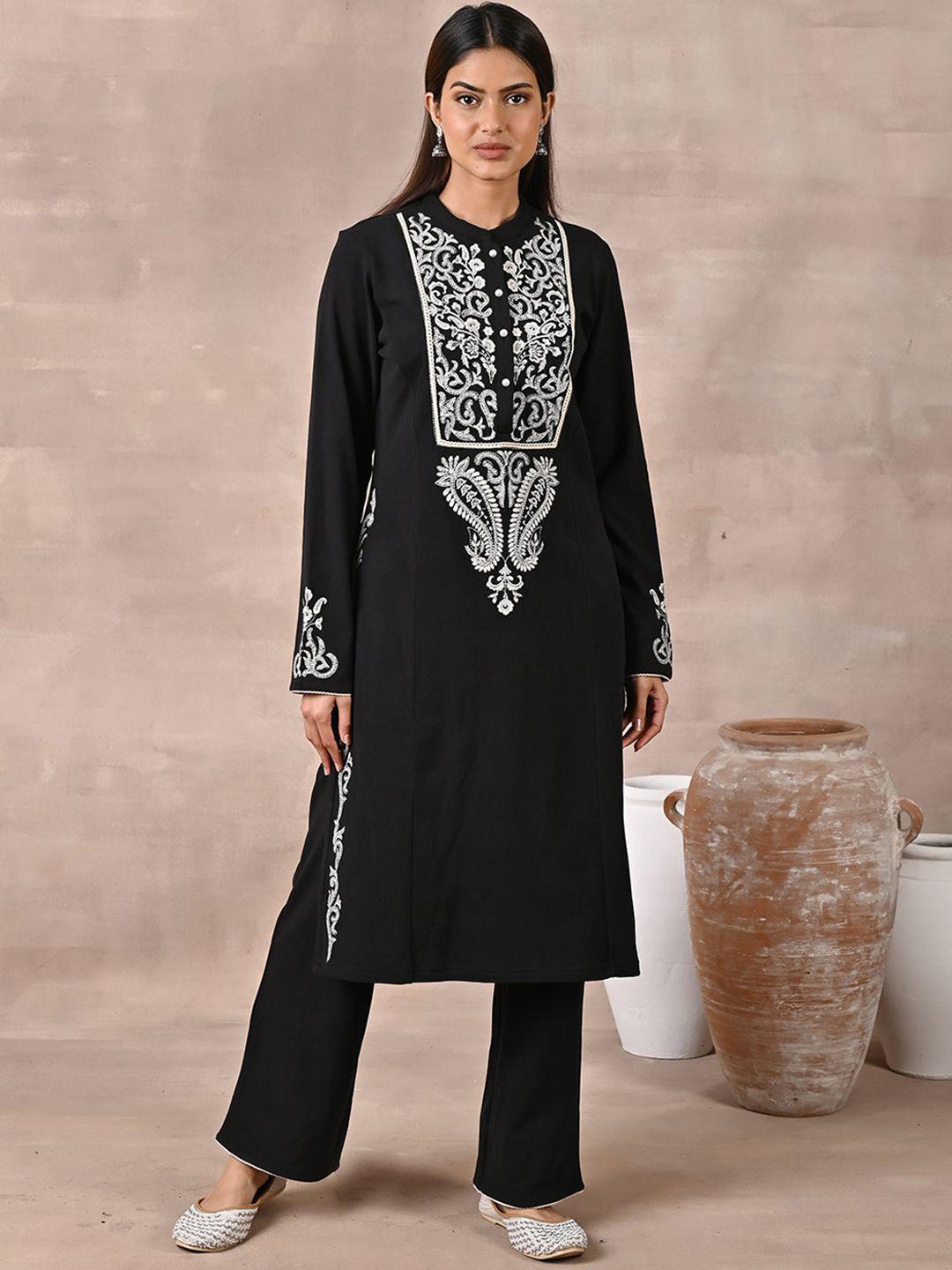 lakshita women paisley embroidered thread work pure wool kurta with palazzos