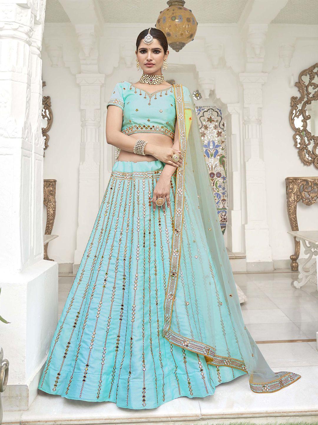 yoyo fashion embroidered mirror work semi-stitched lehenga & unstitched blouse with