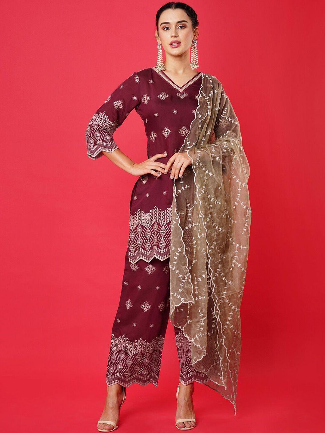 heeposh ethnic motifs embroidered kurta with palazzos & organza dupatta