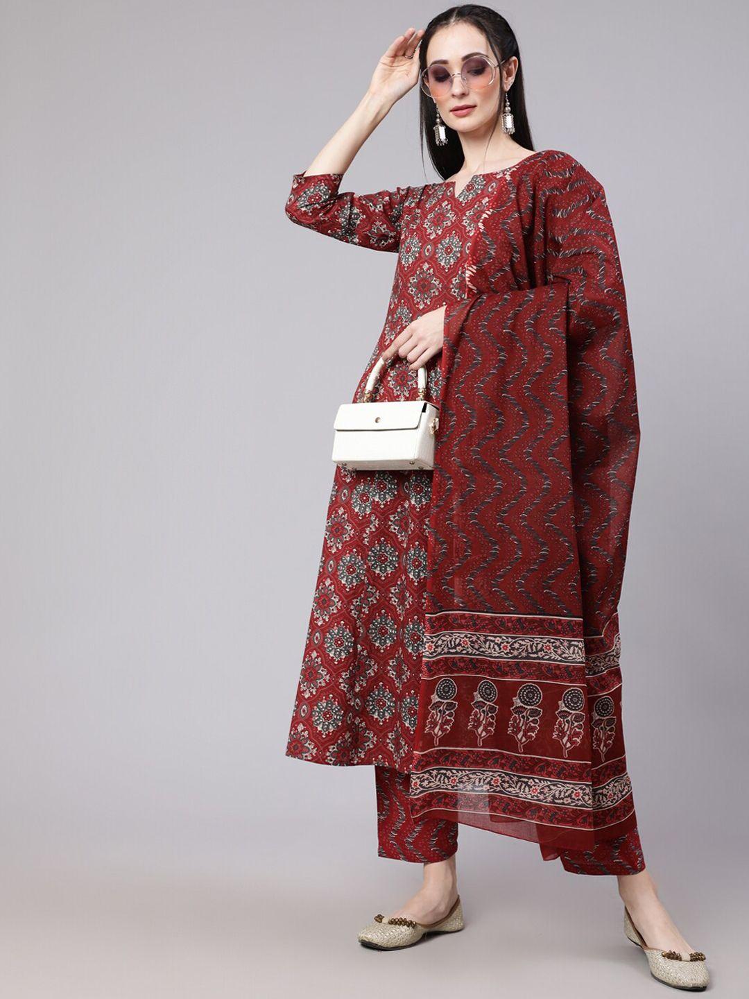 the nks plus printed notch neck pure cotton anarkali kurta with trousers & dupatta