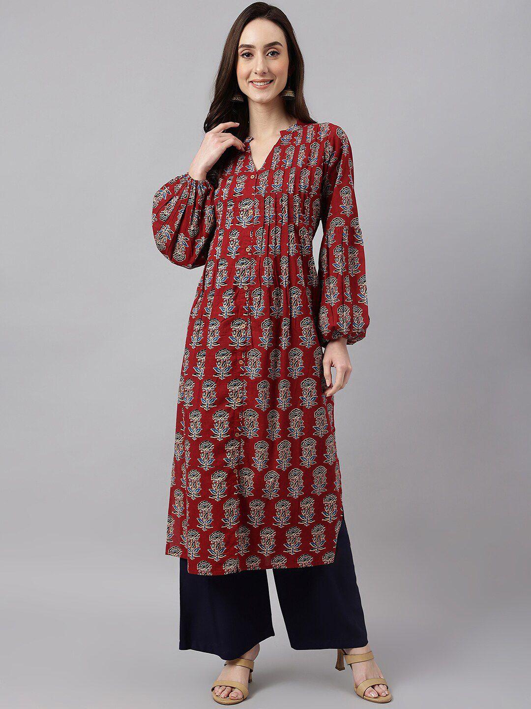 janasya women ethnic motifs printed puff sleeves a-line cotton kurta