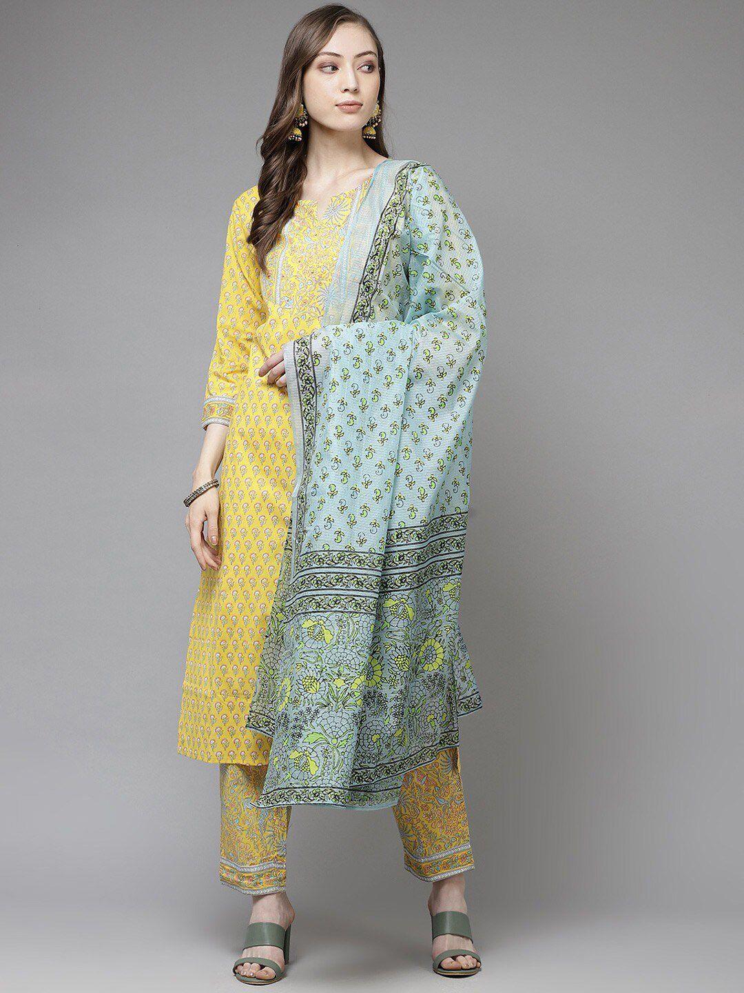 yufta floral printed pure cotton kurta with trousers & dupatta