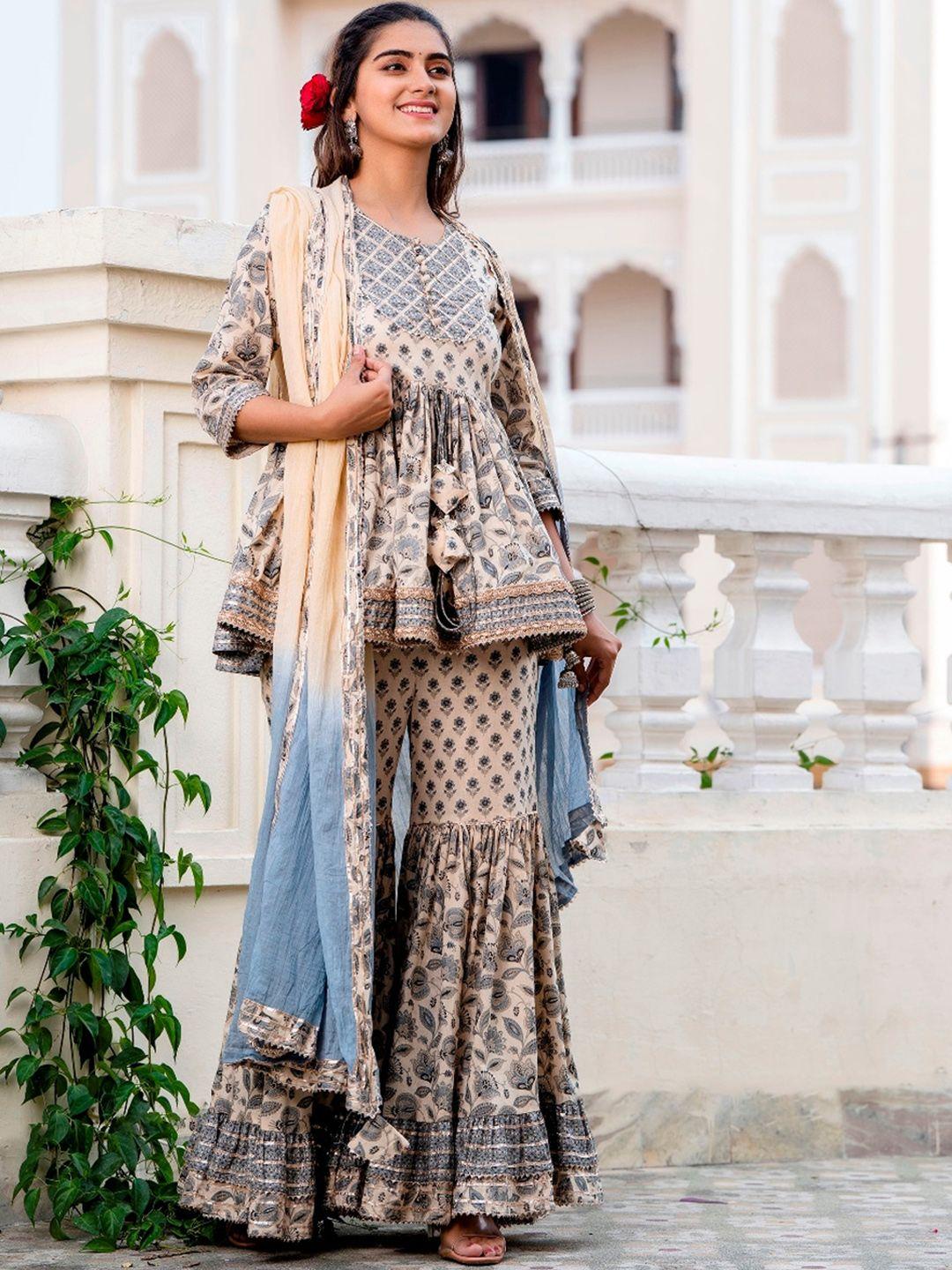 artizenweaves floral printed pleated gotta patti kurta with sharara & dupatta