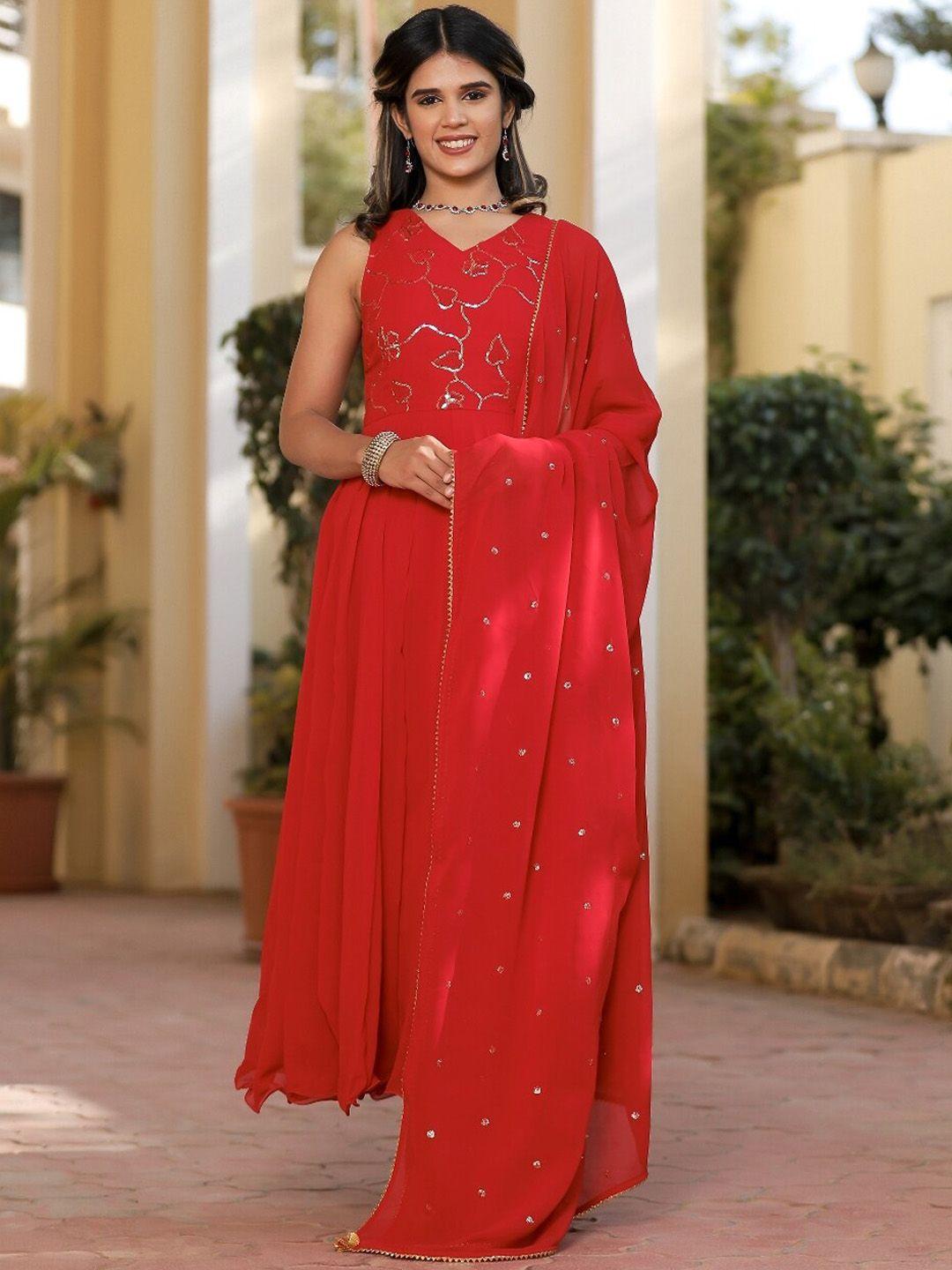 indi inside v neck sleeveless sequinned georgette kurta with churidar & dupatta