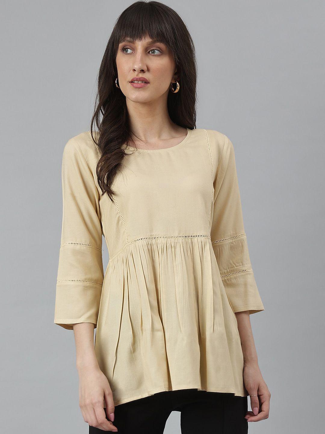 deckedup gathered or pleated round neck a-line top