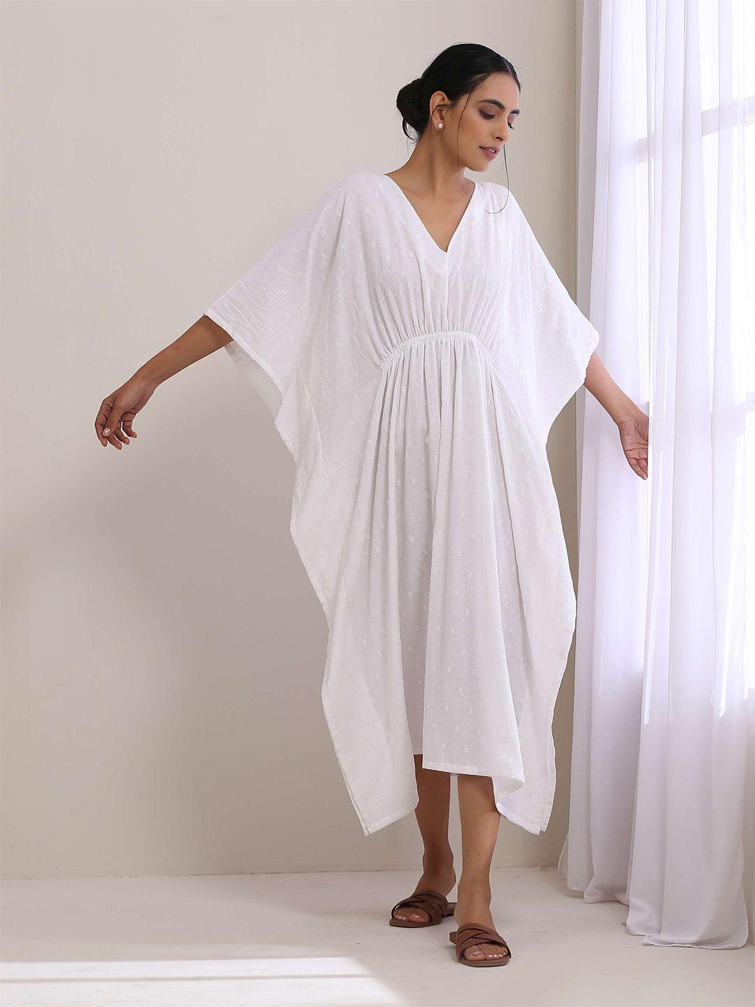 truebrowns self design gathered cotton kaftan midi dress