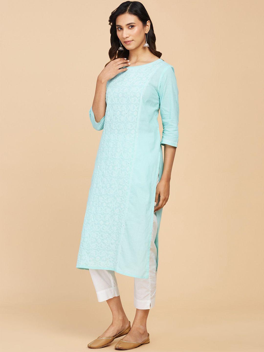 fabindia embroidered chikankari pure cotton straight fit kurta