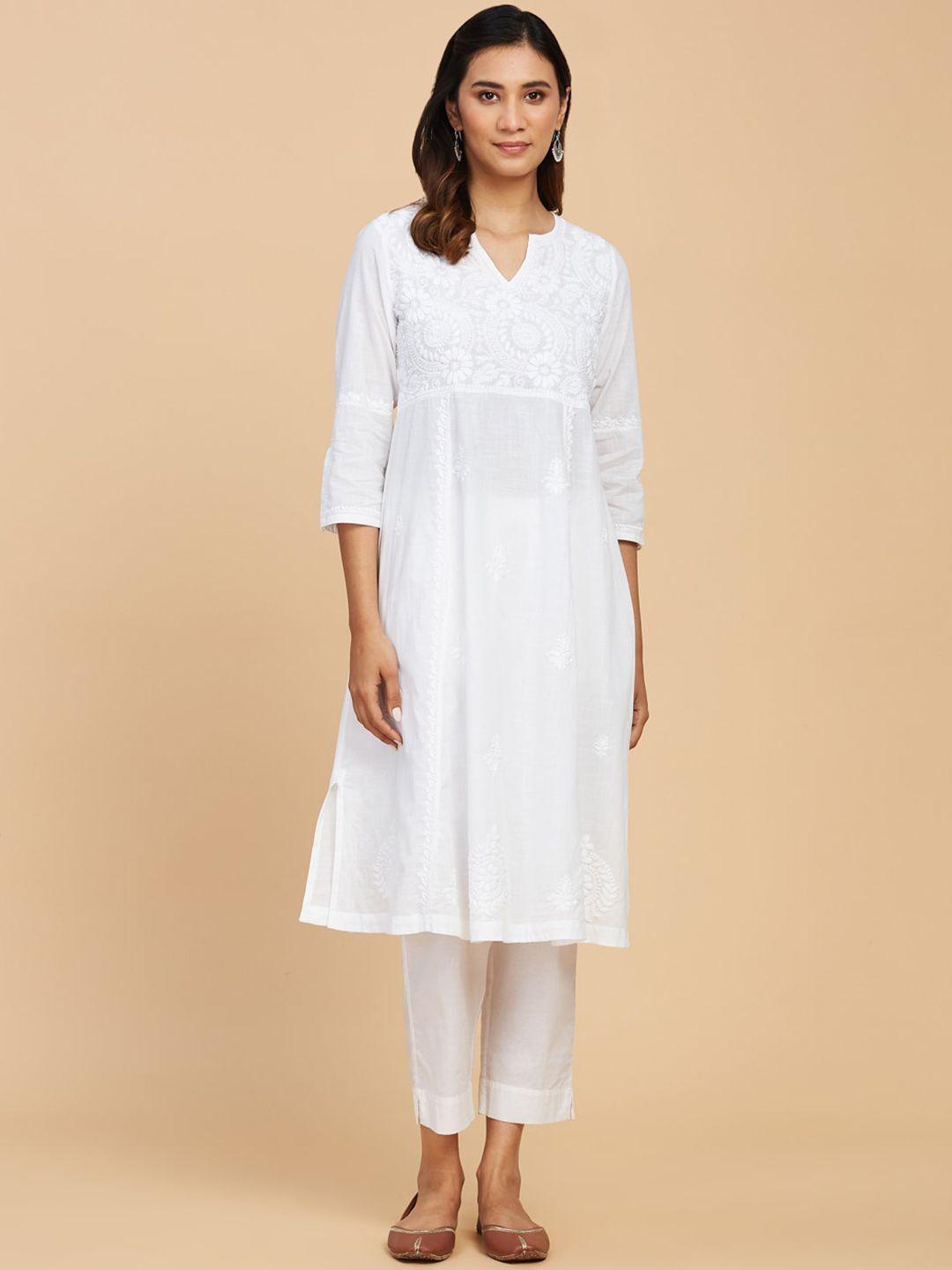 fabindia ethnic motif embroidered chikankari a-line cotton kurta