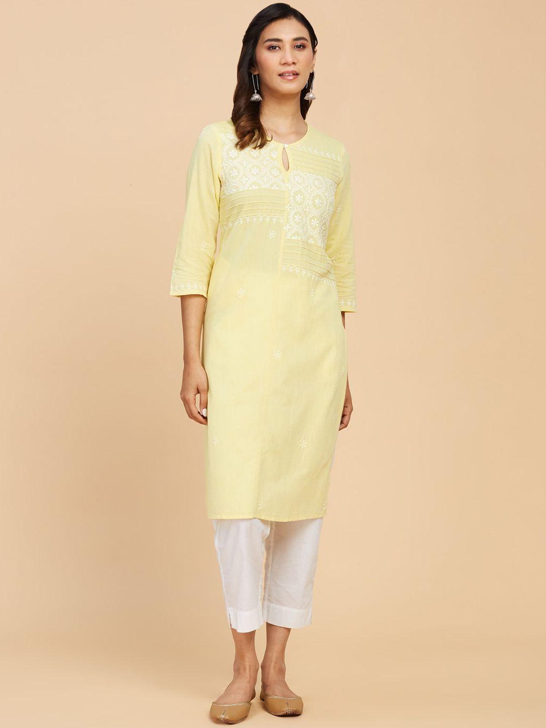 fabindia ethnic motif embroidered keyhole neck cotton kurta