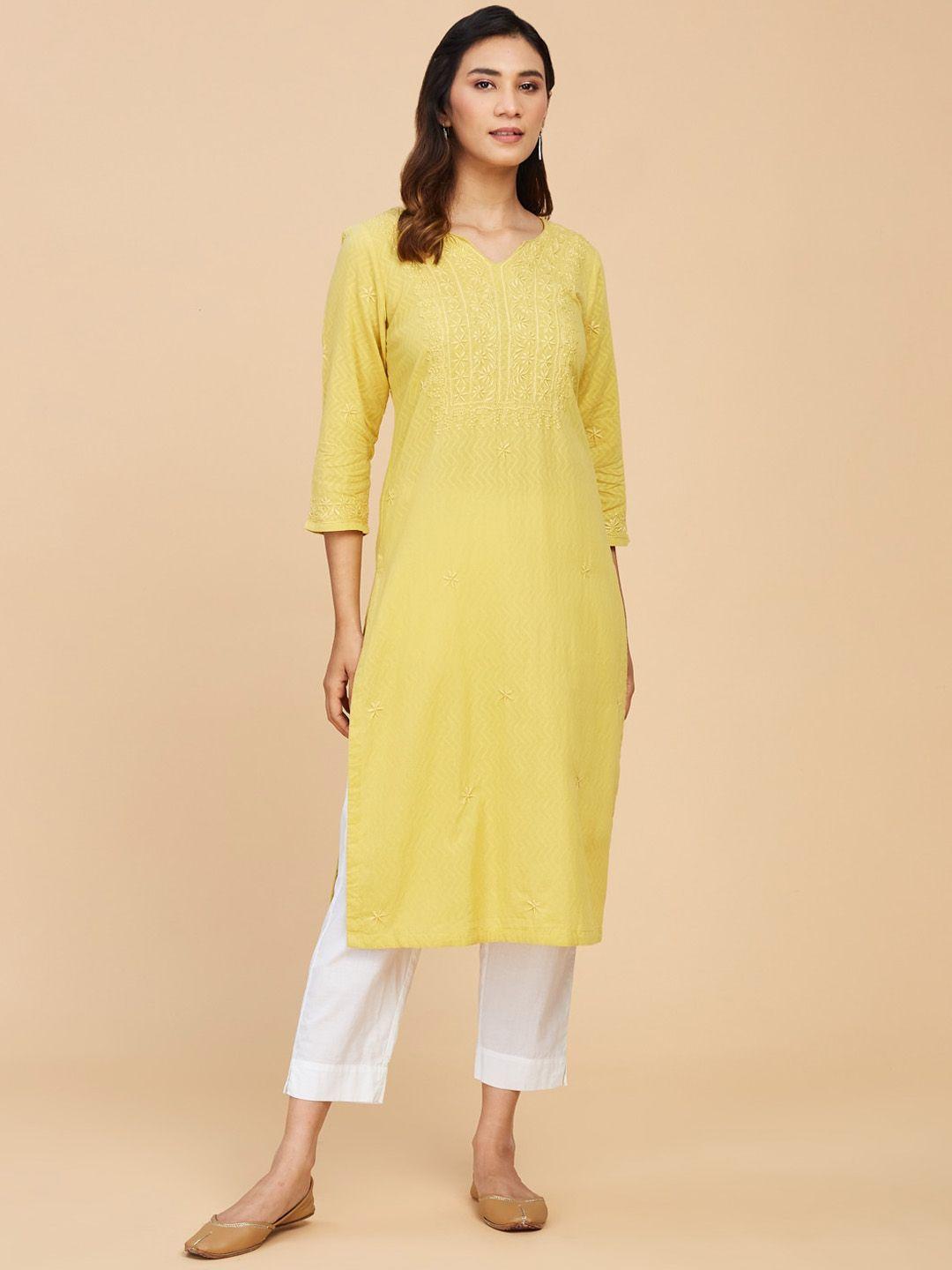 fabindia women printed chikankari pure cotton kurta