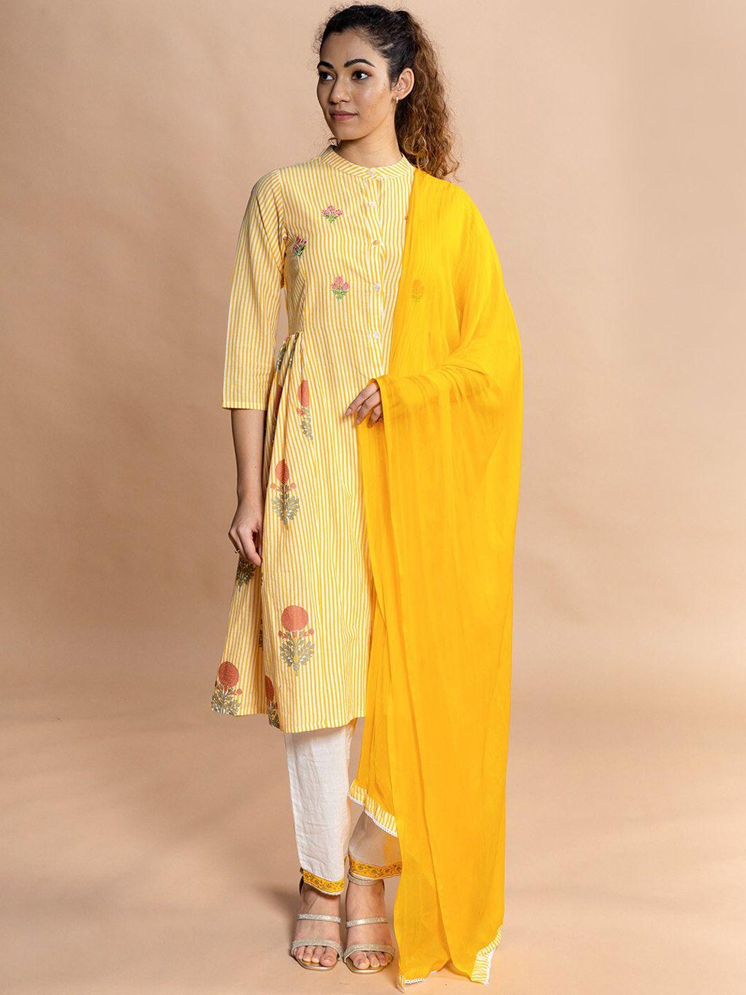 rmya striped thread work pure cotton kurta with trousers & dupatta