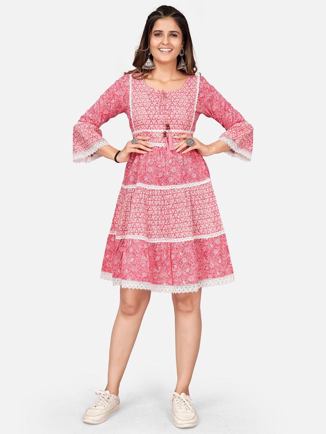 kalini floral printed bell sleeves tie-up neck tiered cotton a-line dress