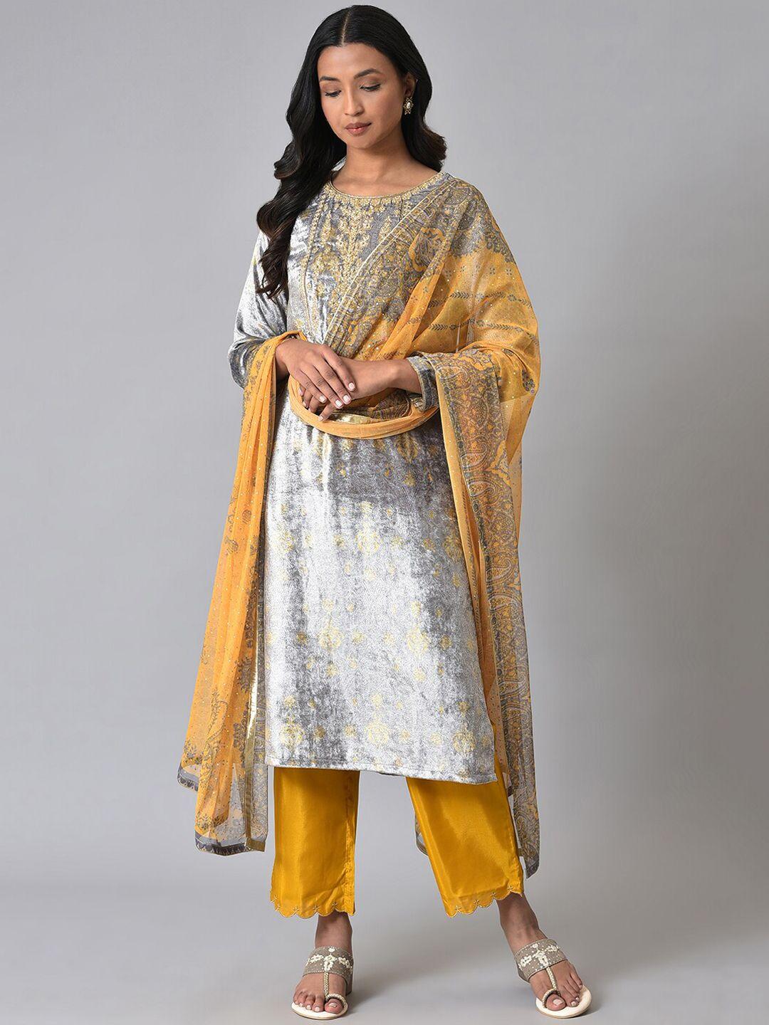 wishful floral printed sequinned kurta with trousers & dupatta