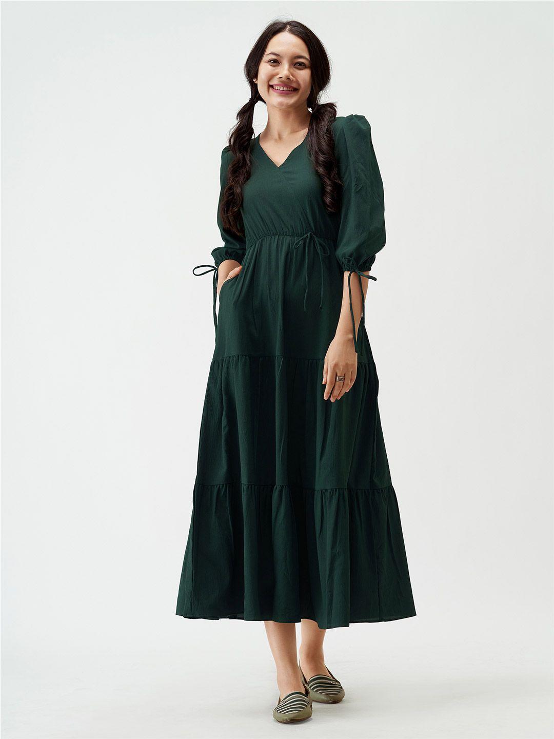 aask puff sleeves tie-up detail tiered maxi a-line dress