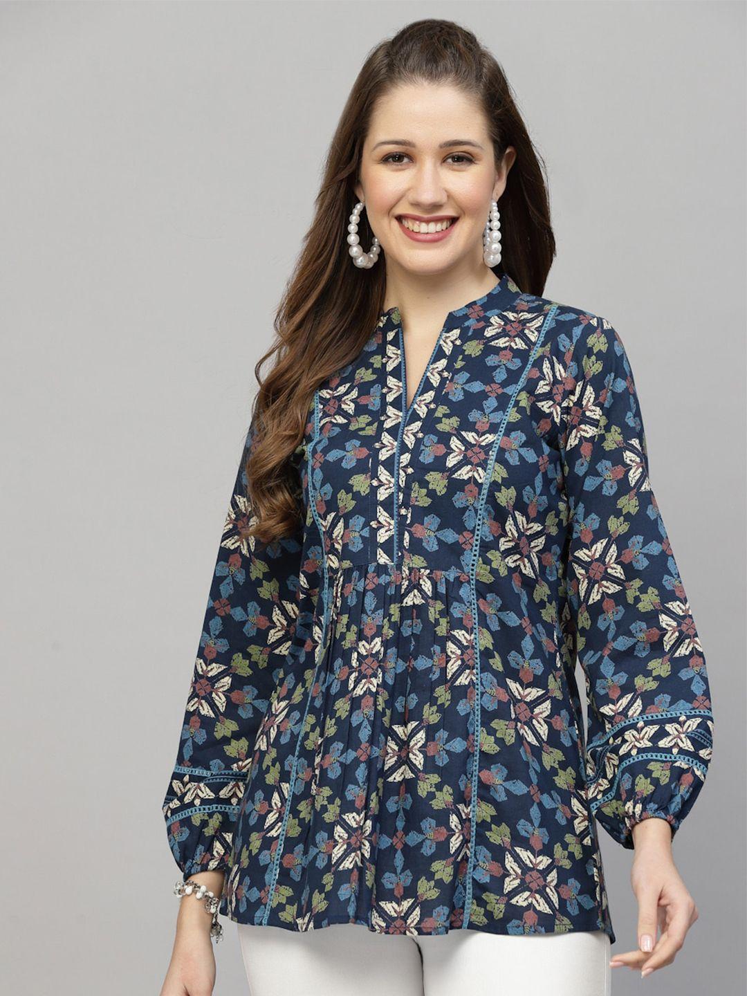 qomn navy floral print mandarin collar pure cotton top