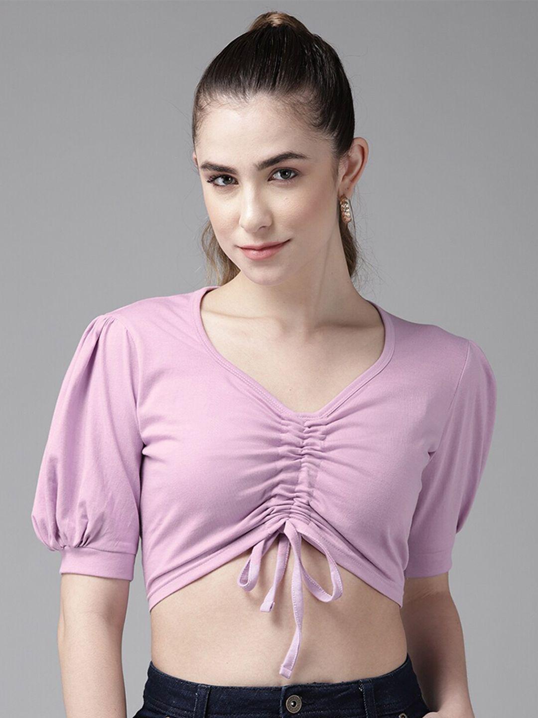 the dry state v-neck puff sleeves tie-up ruched crop top