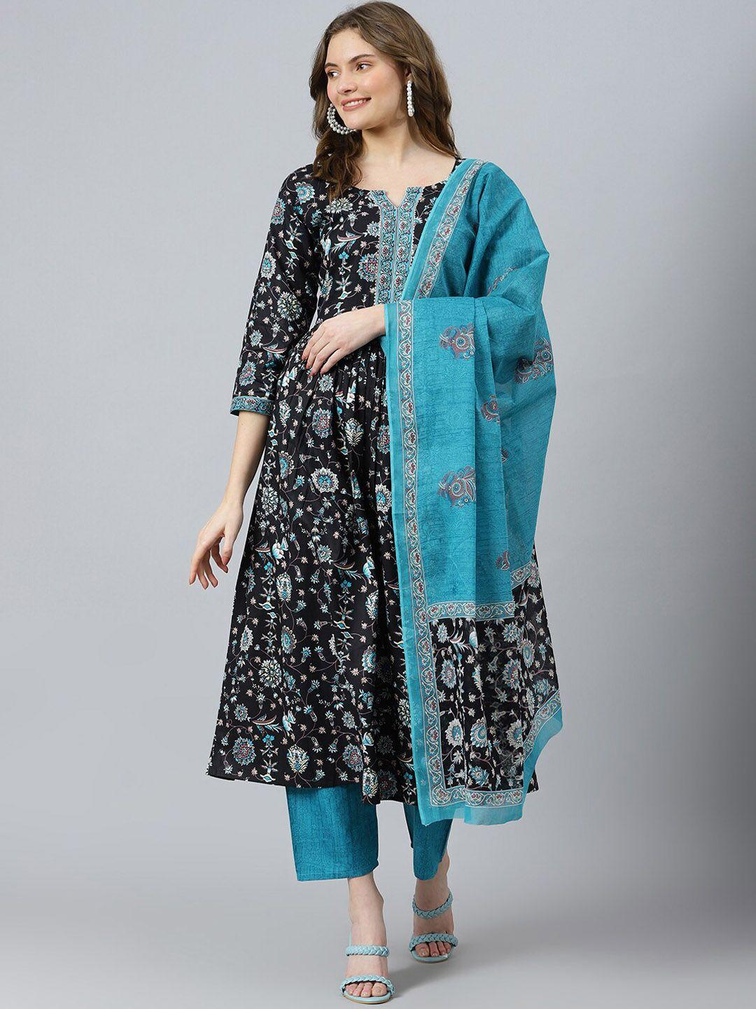 ratan floral printed pure cotton anarkali kurta with trousers & dupatta