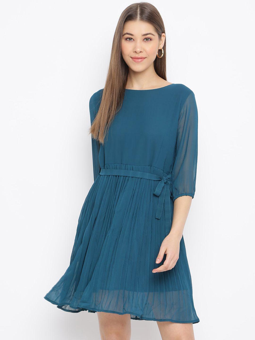 mayra round neck puff sleeves accordion pleats dress