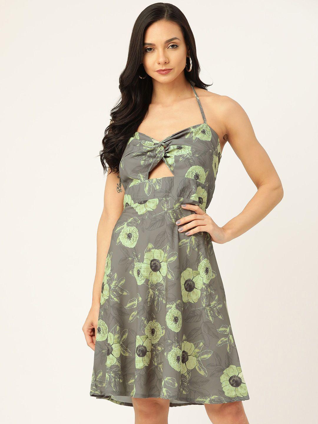 sangria floral printed halter neck sleeveless a-line dress