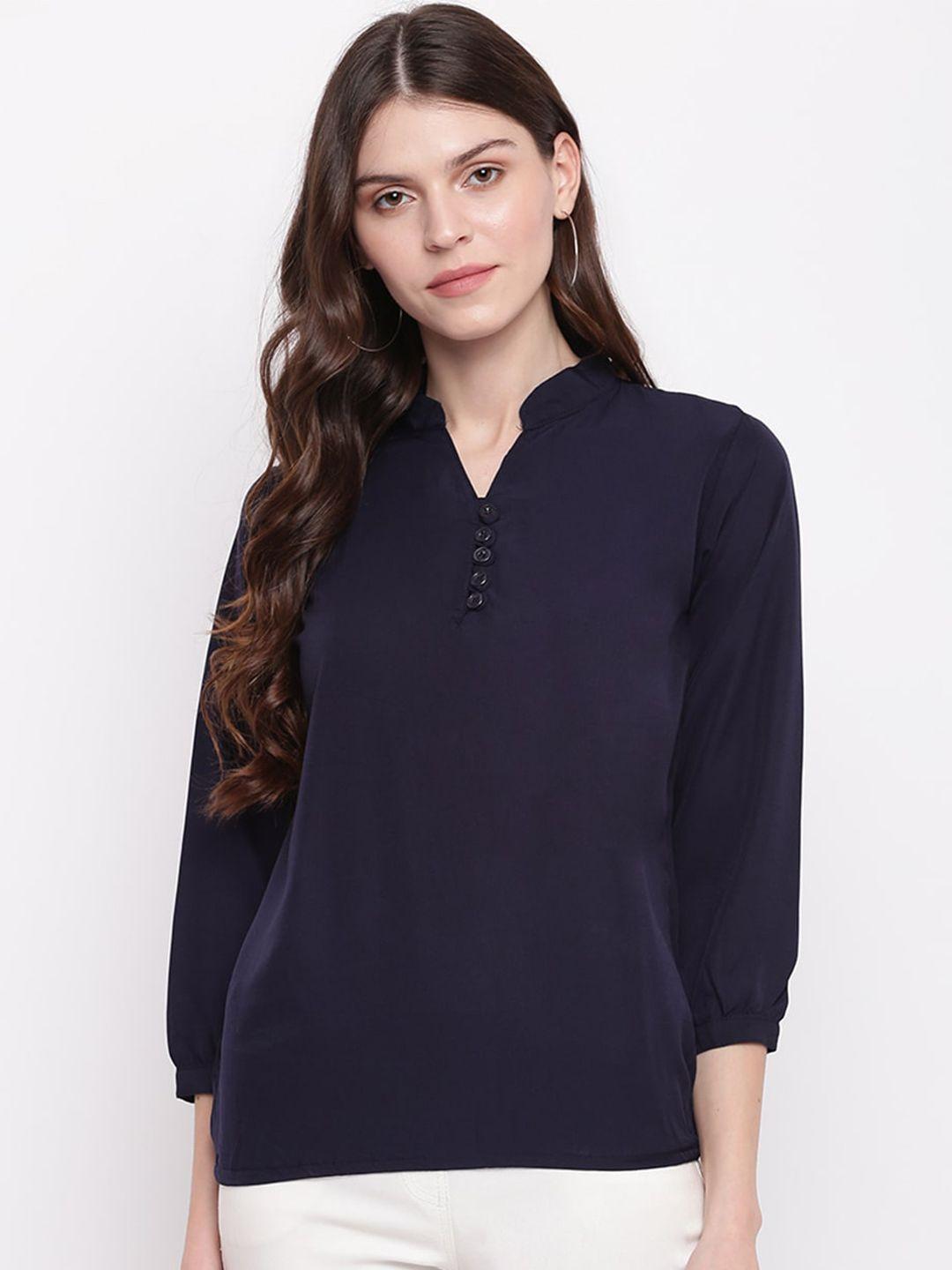 mayra navy puff sleeves mandarin collar shirt style top