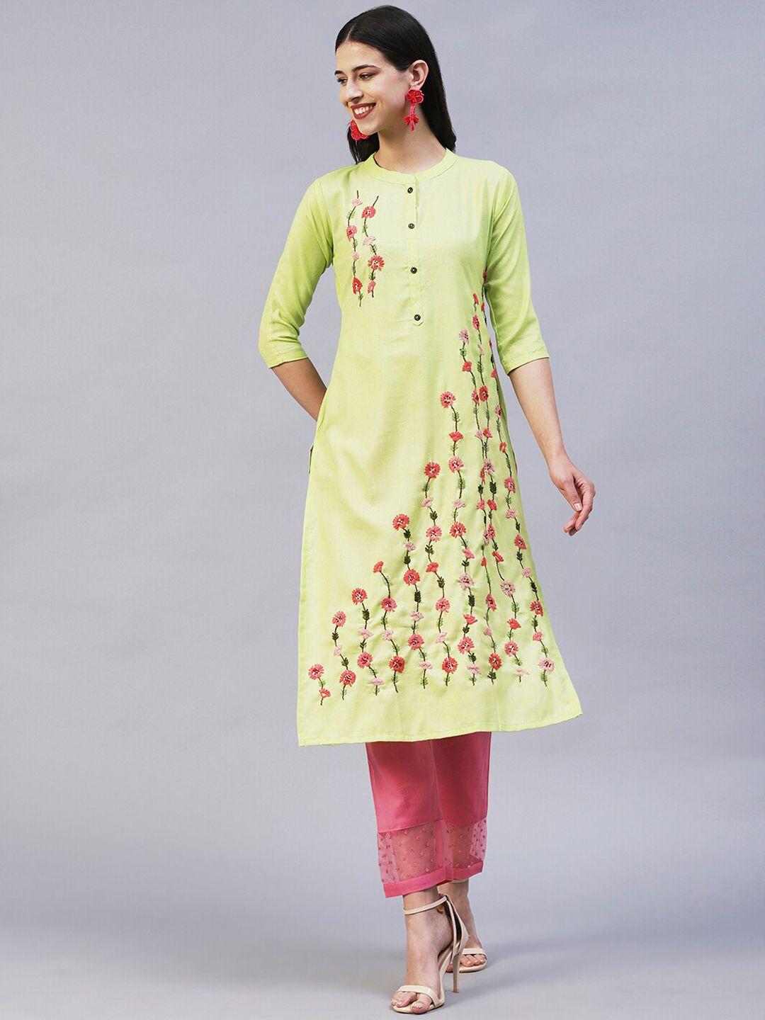 fashor women lime green thread work kurta