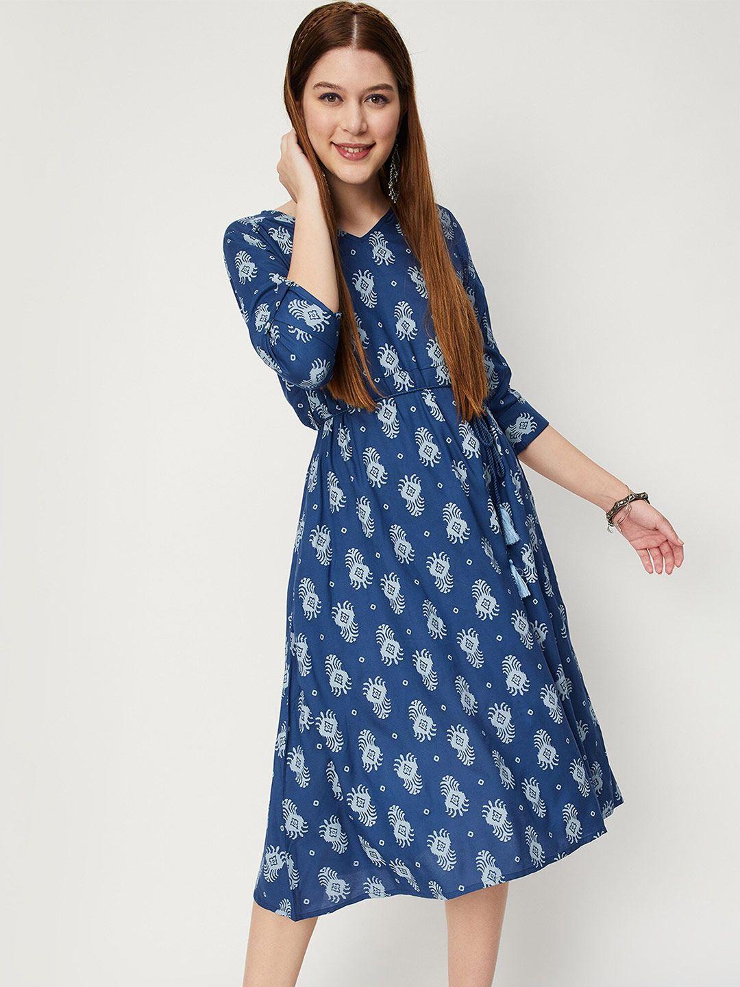 max ethnic motifs printed v-neck belted midi fit & flare dress