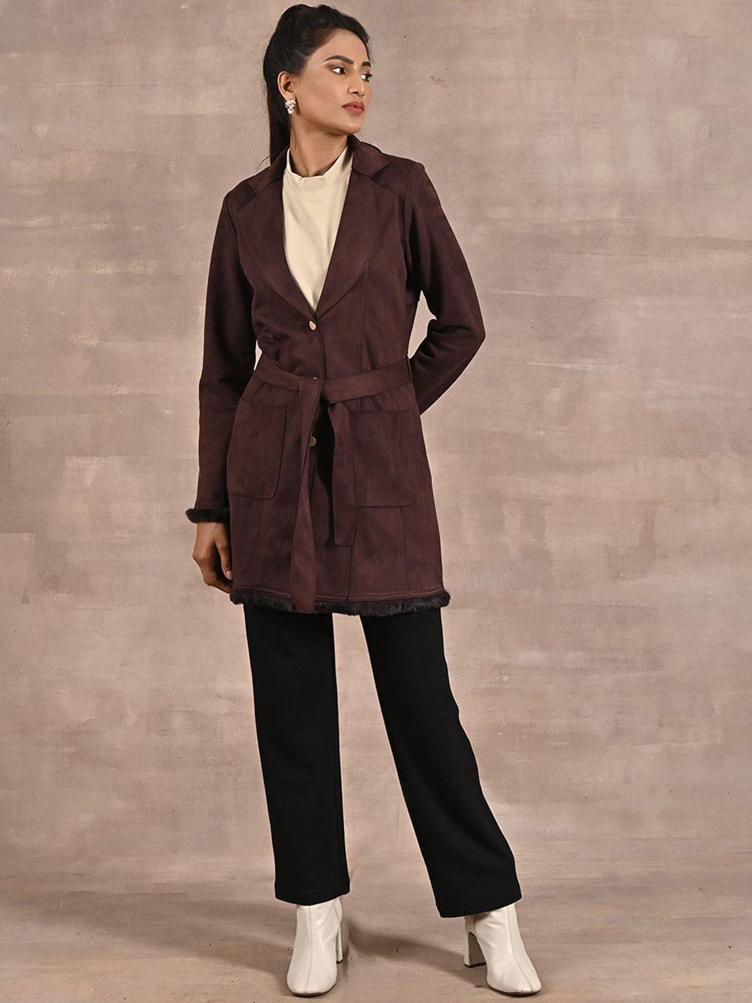 lakshita single-breasted long suede trench coat