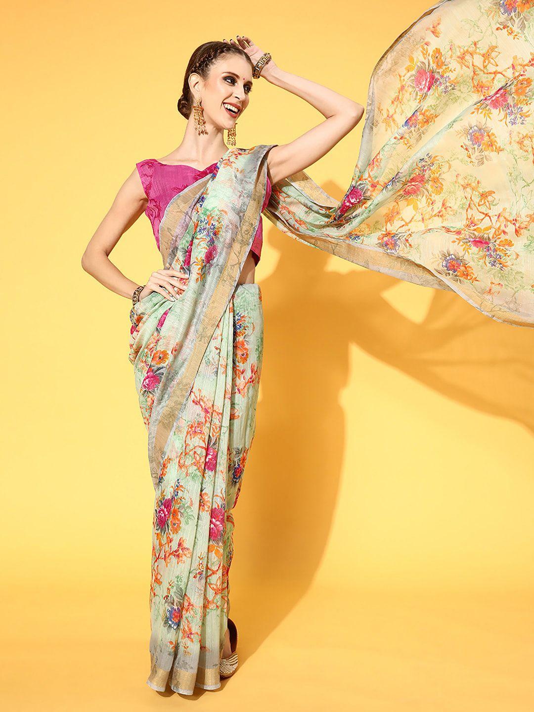 mitera floral printed zari bordered saree