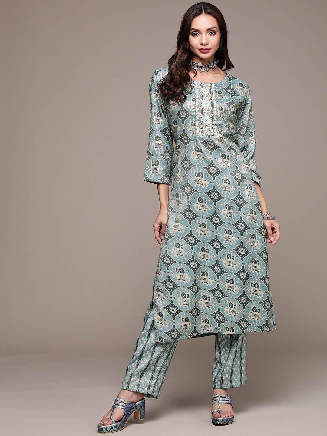 anubhutee ethnic motifs printed mirror work kurta with trousers