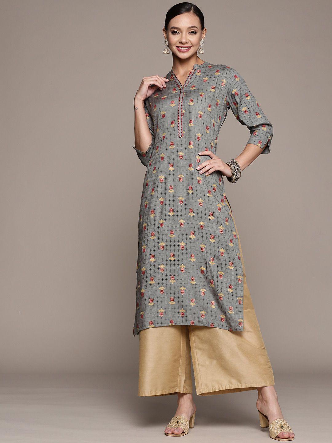 anubhutee band collar floral screen printed floral kurta