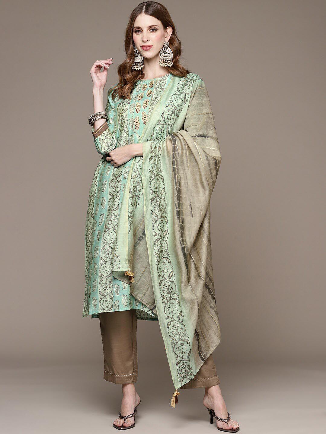 anubhutee paisley printed thread work kurta with trousers & dupatta