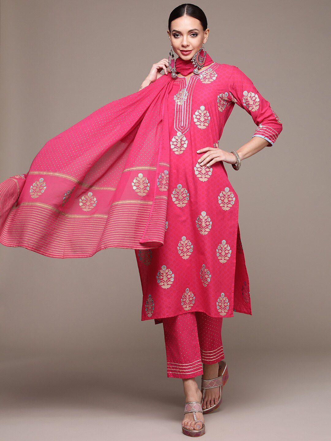 anubhutee floral printed gotta patti ure cotton kurta with trousers & dupatta