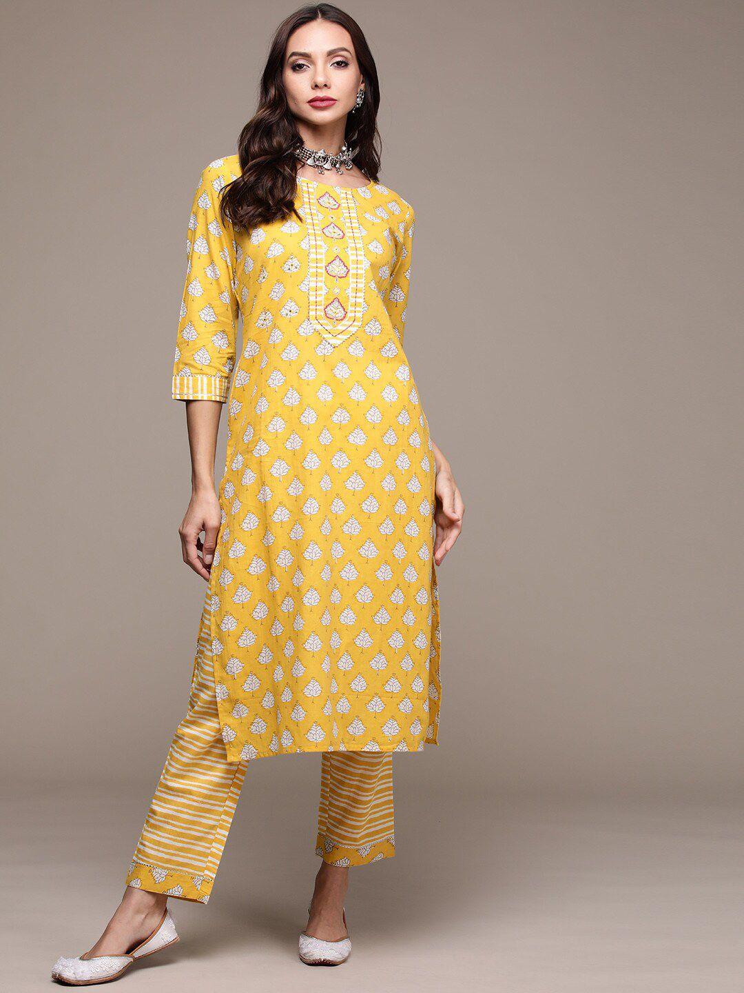 anubhutee ethnic motifs printed thread work pure cotton kurta with trousers