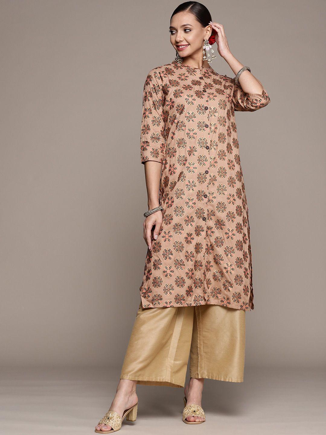 anubhutee band neck ethnic motifs printed straight kurta