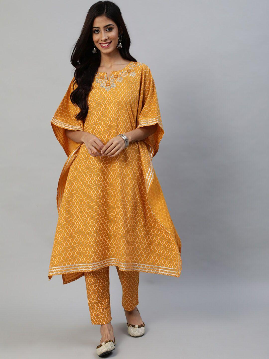 anubhutee printed pure cotton kaftan kurta with trouserts