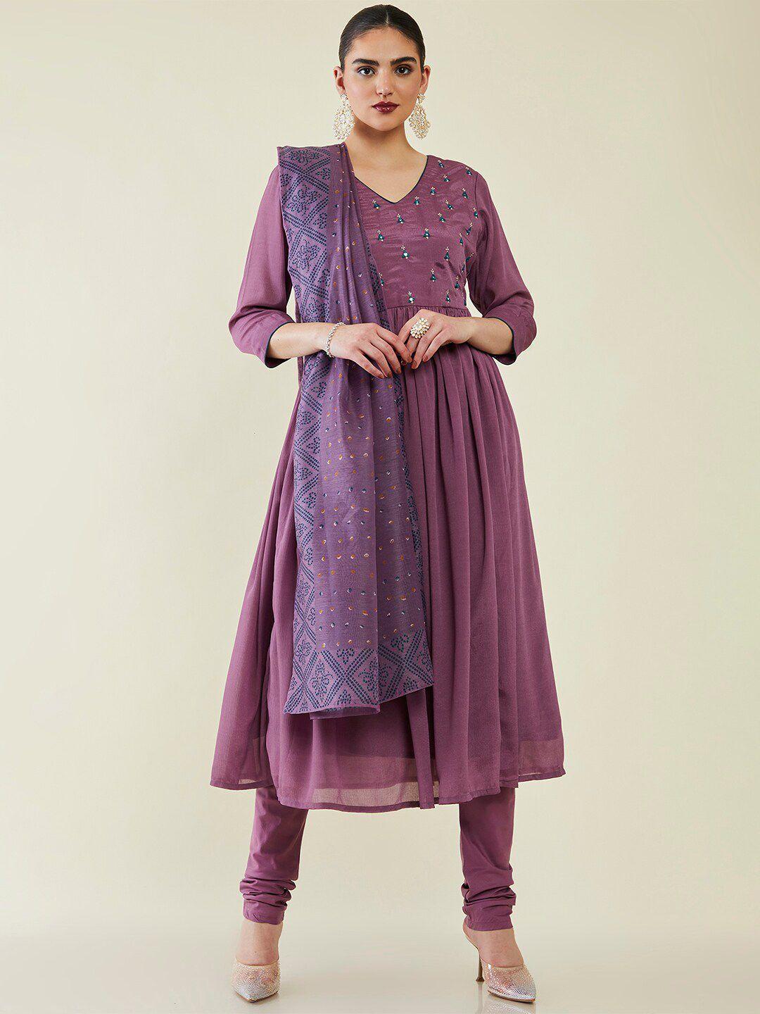 soch floral embroidered mirror work collar kurta with churidar & dupatta