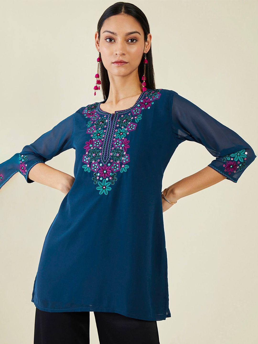 soch yoke boarder floral embroidered notched neck tunic