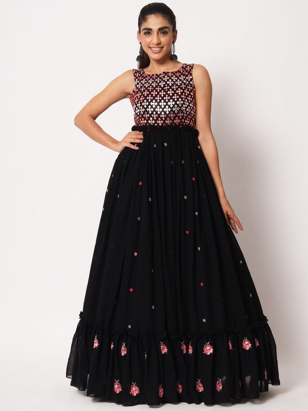 shubhkala black embroidered semi-stitched dress material