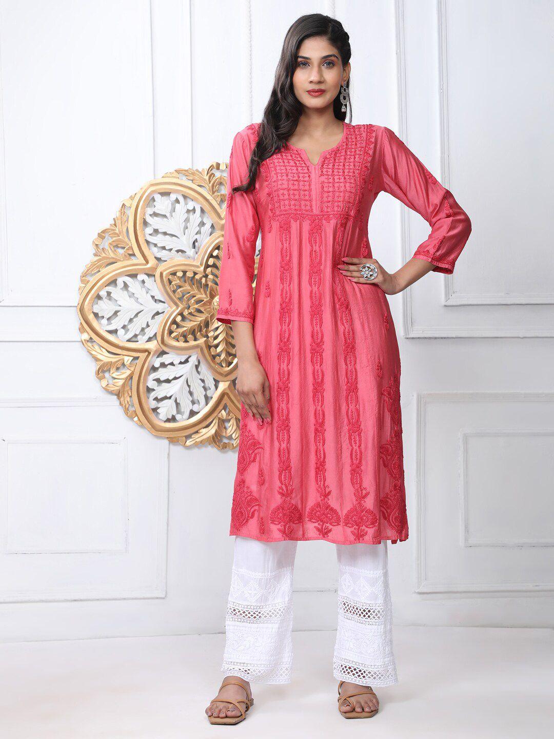 house of kari ethnic motifs embroidered notch neck chikankari cotton kurta