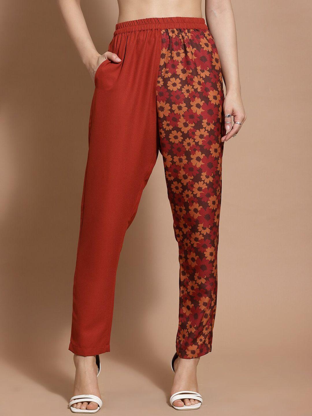 kassually women floral printed mid rise tapered fit trousers